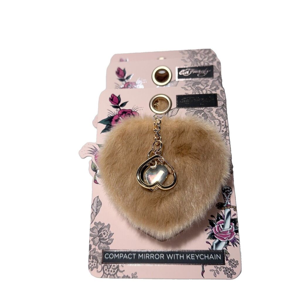Ed Hardy Faux Fur Heart Compact Double-side Mirror Keychain Y2K New In Package